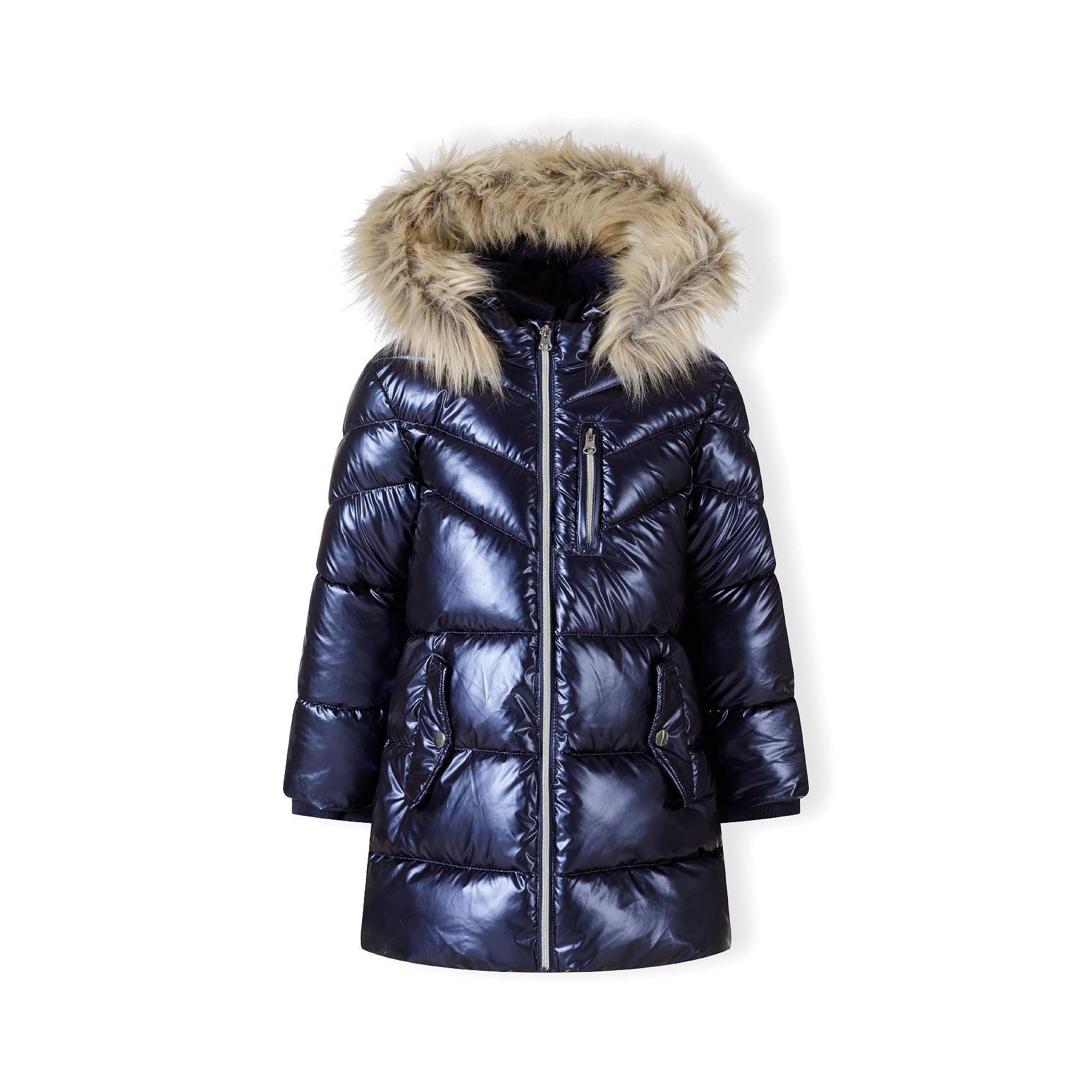 Back view of navy quilted winter parka showing detachable faux fur hood trim and quilted construction details