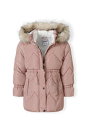 Pikowana kurtka zimowa z futerkiem i troczkiem w talii