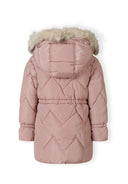 Pikowana kurtka zimowa z futerkiem i troczkiem w talii