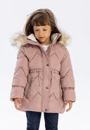 Pikowana kurtka zimowa z futerkiem i troczkiem w talii