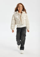 Girls cropped metallic padded jacket, front view, features hood and zip closure.