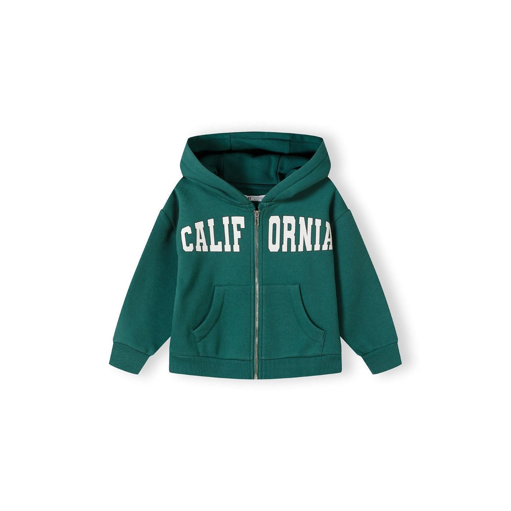 Back view of green zip hoodie laid flat showing plain design with hood and ribbed hem and cuffs on white background