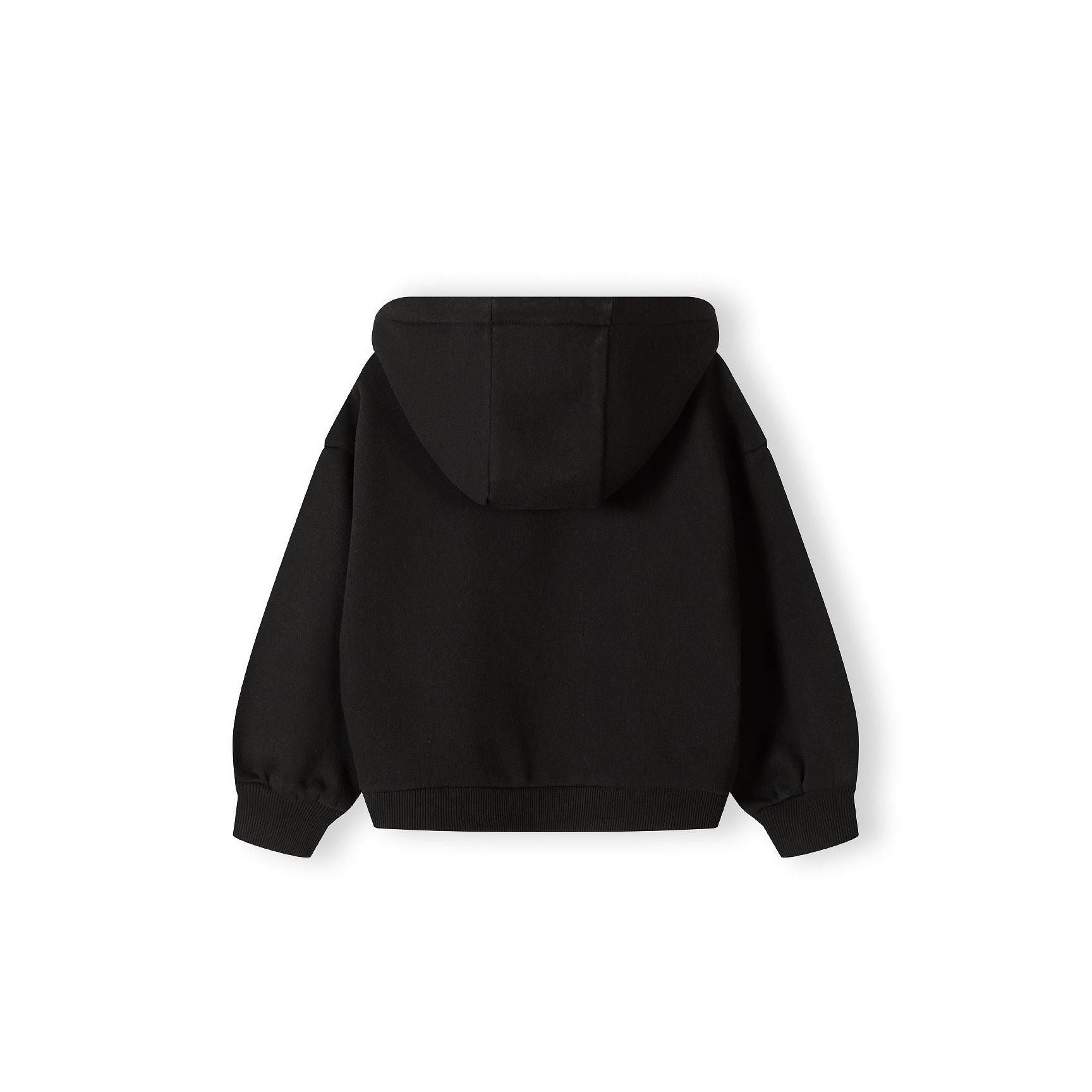 Back view of black hooded sweatshirt showing hood detail and relaxed fit on white background