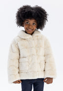Girls cream faux fur jacket with collar