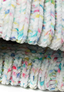 Cream chenille fabric featuring colorful flecks of pink, blue, and yellow for girls' hat and gloves set 6m-8y.