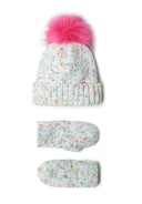 Girls chenille hat and gloves set cream 6m-8y, featuring a soft pastel hat with pink pom pom and matching mittens. Warm and cozy.