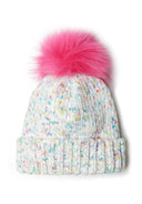 Colorful knit beanie hat with a pink pom pom, featuring a ribbed cuff, designed for girls ages 6m-8y.