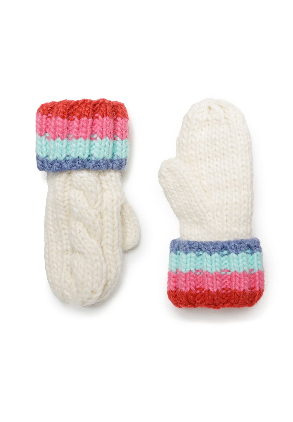 Detail of cream knitted gloves with colorful striped cuffs.