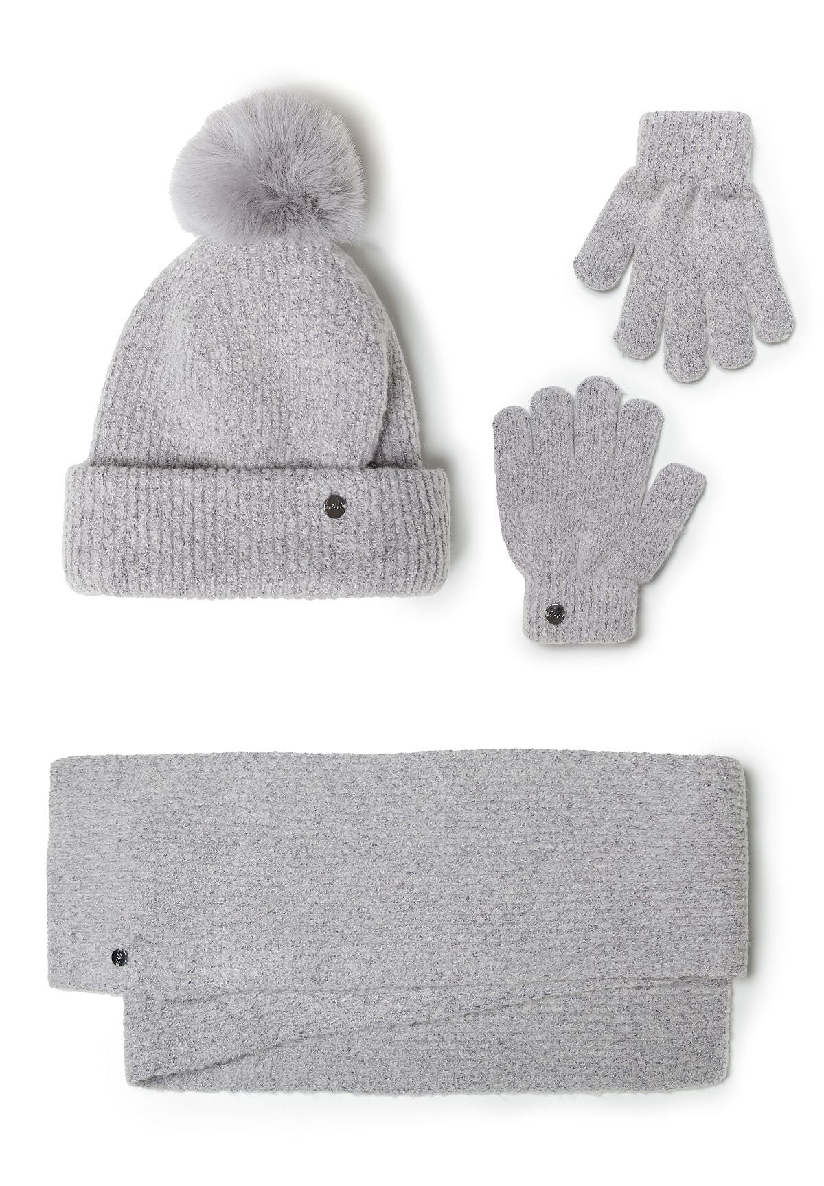 Winter Set Ribbed Knit, Pompom, Grey