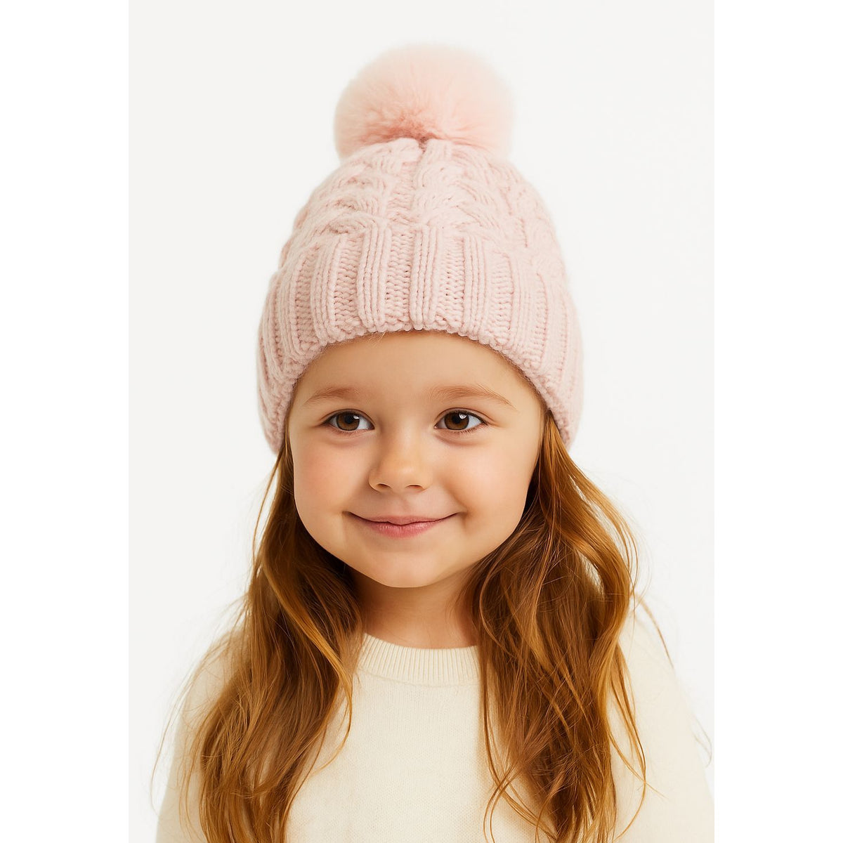 Girls' cable-knit bobble hat in light pink — complete product view for square Shop card