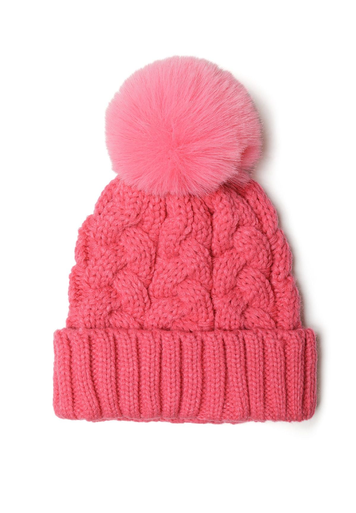 Bright pink cable-knit bobble hat, front.