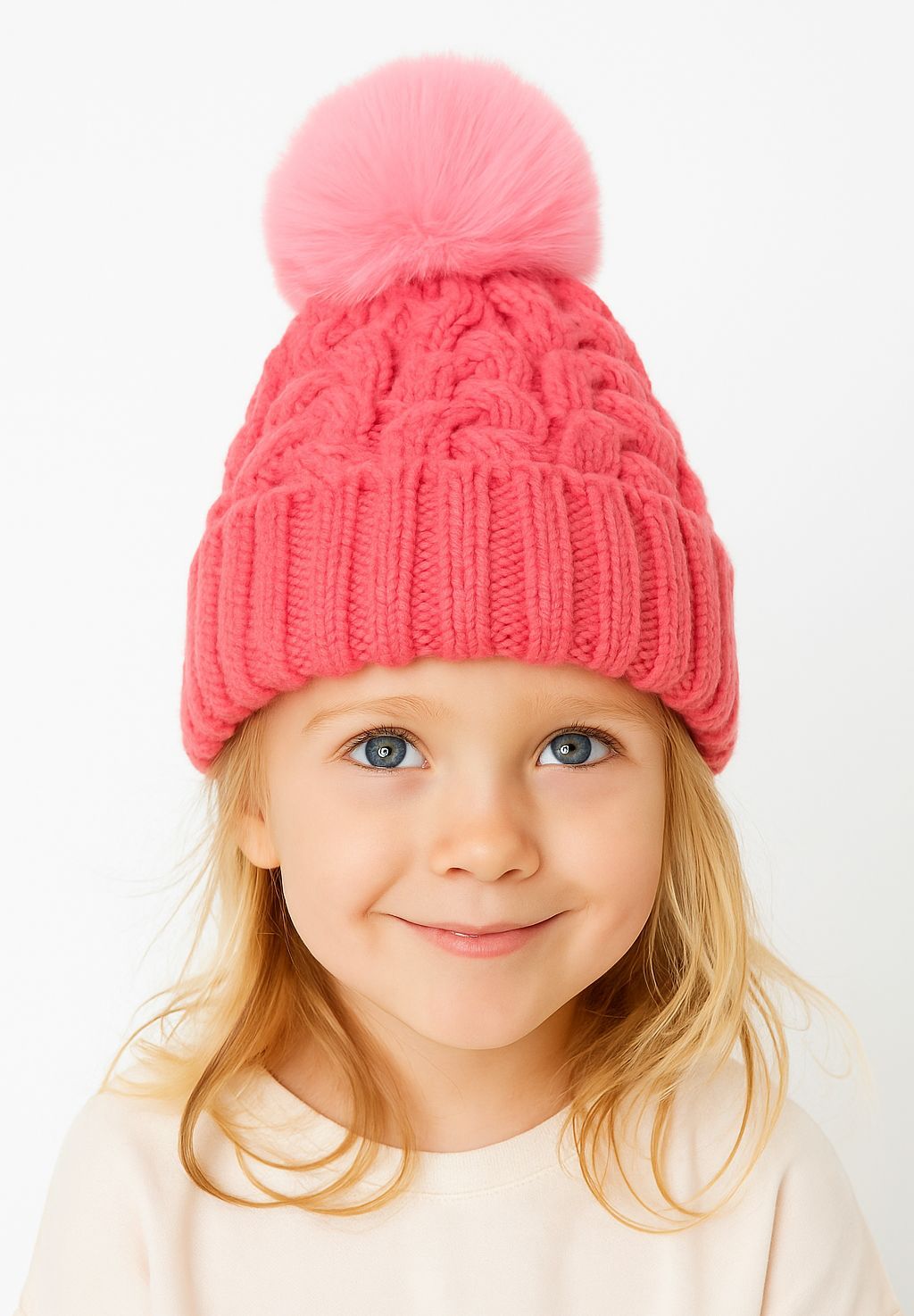 Bright pink cable-knit bobble hat, model front.