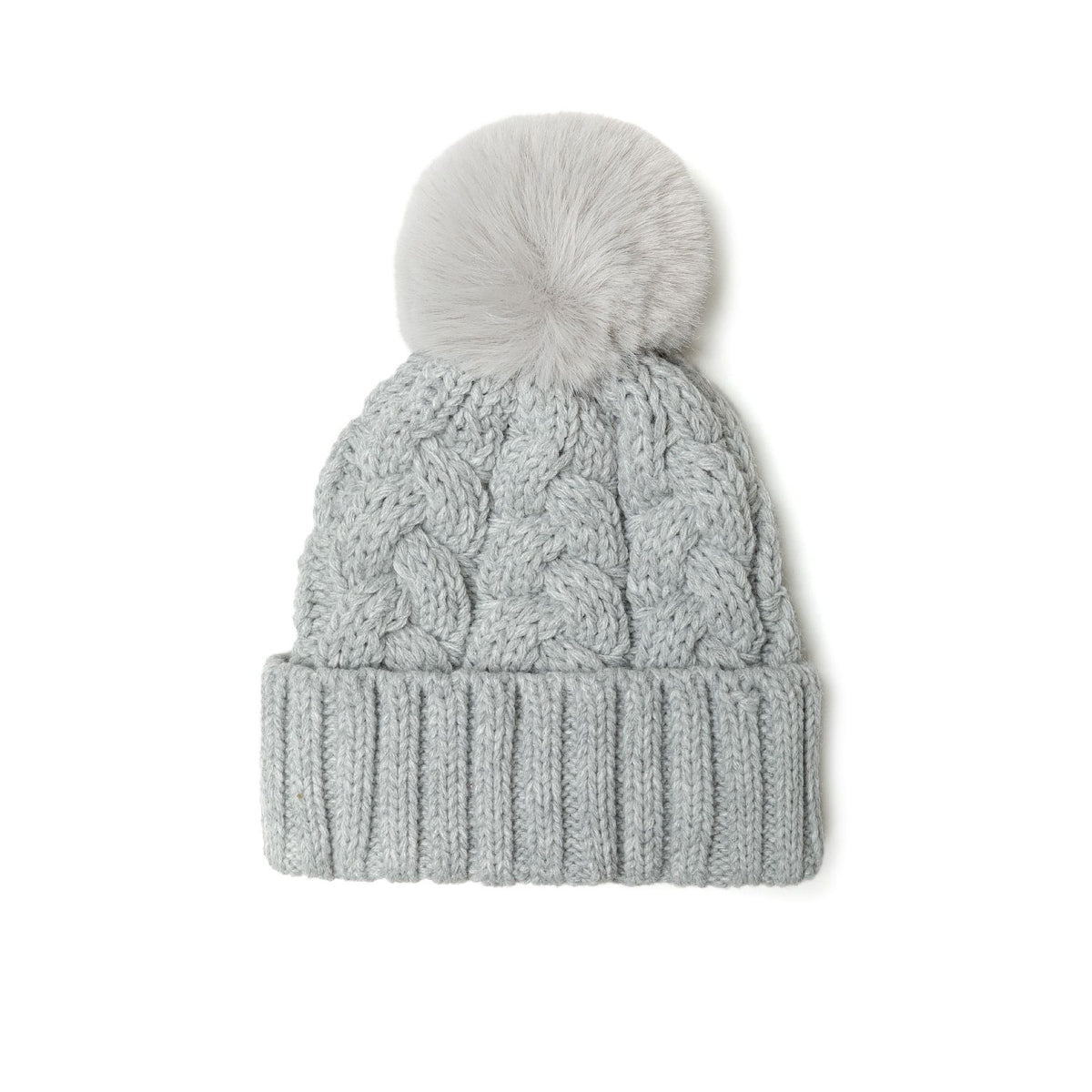 Girls' cable-knit bobble hat in light grey — complete product view for square Shop card