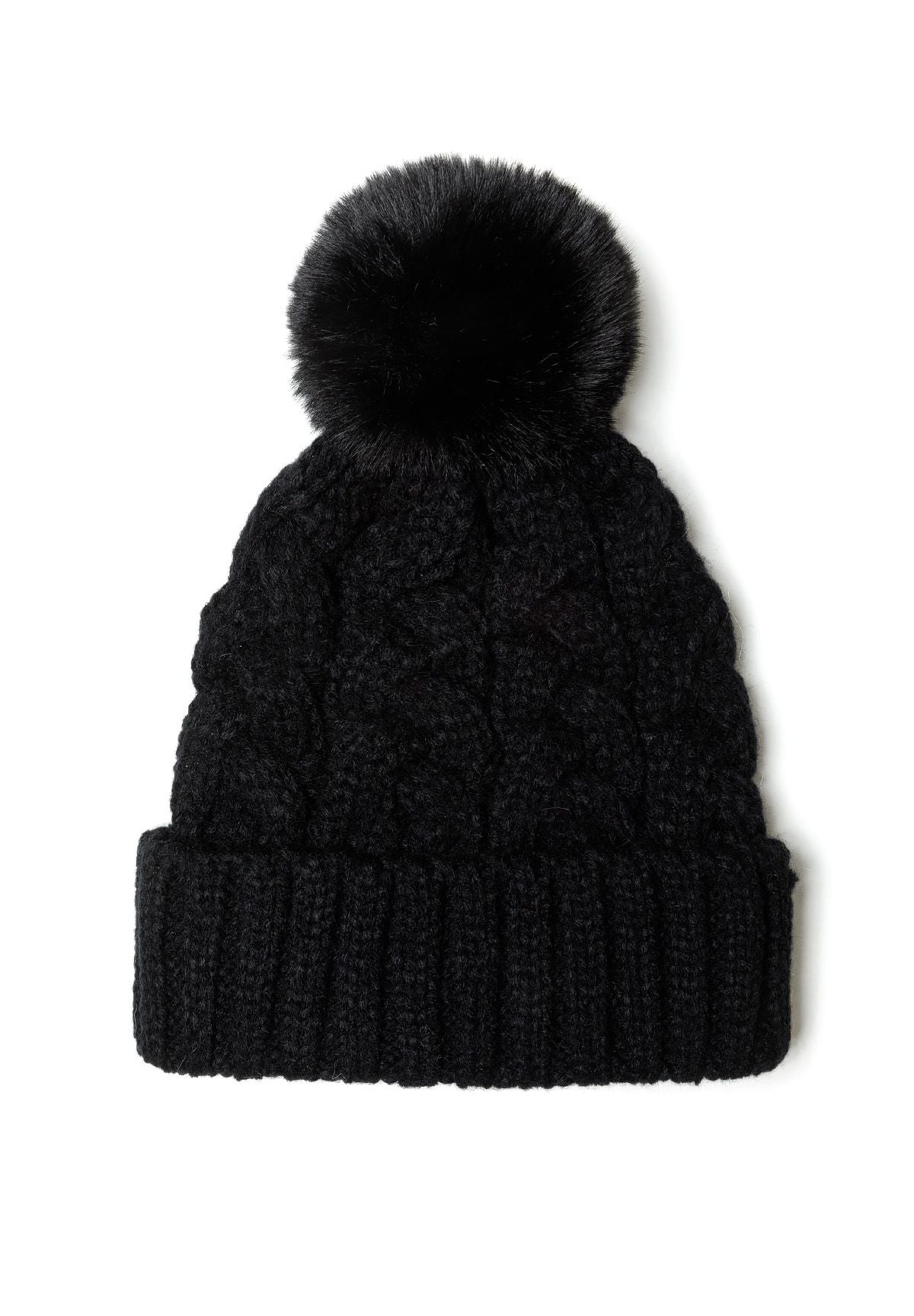 Black cable-knit bobble hat, front.