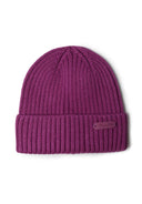 Ribbed knit purple beanie with turn-up hem. Soft and warm fabric for winter wear. Ideal for children.