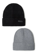 Girls 2 pack knitted rib beanie with badge black 2-14y featuring black and grey ribbed knit, designed for warmth and comfort.