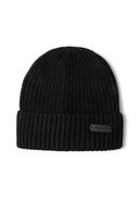 Girls 2 pack knitted rib beanie with badge black 2-14y. Flexible ribbed knit in black with sewn badge detail. Perfect for cold weather.