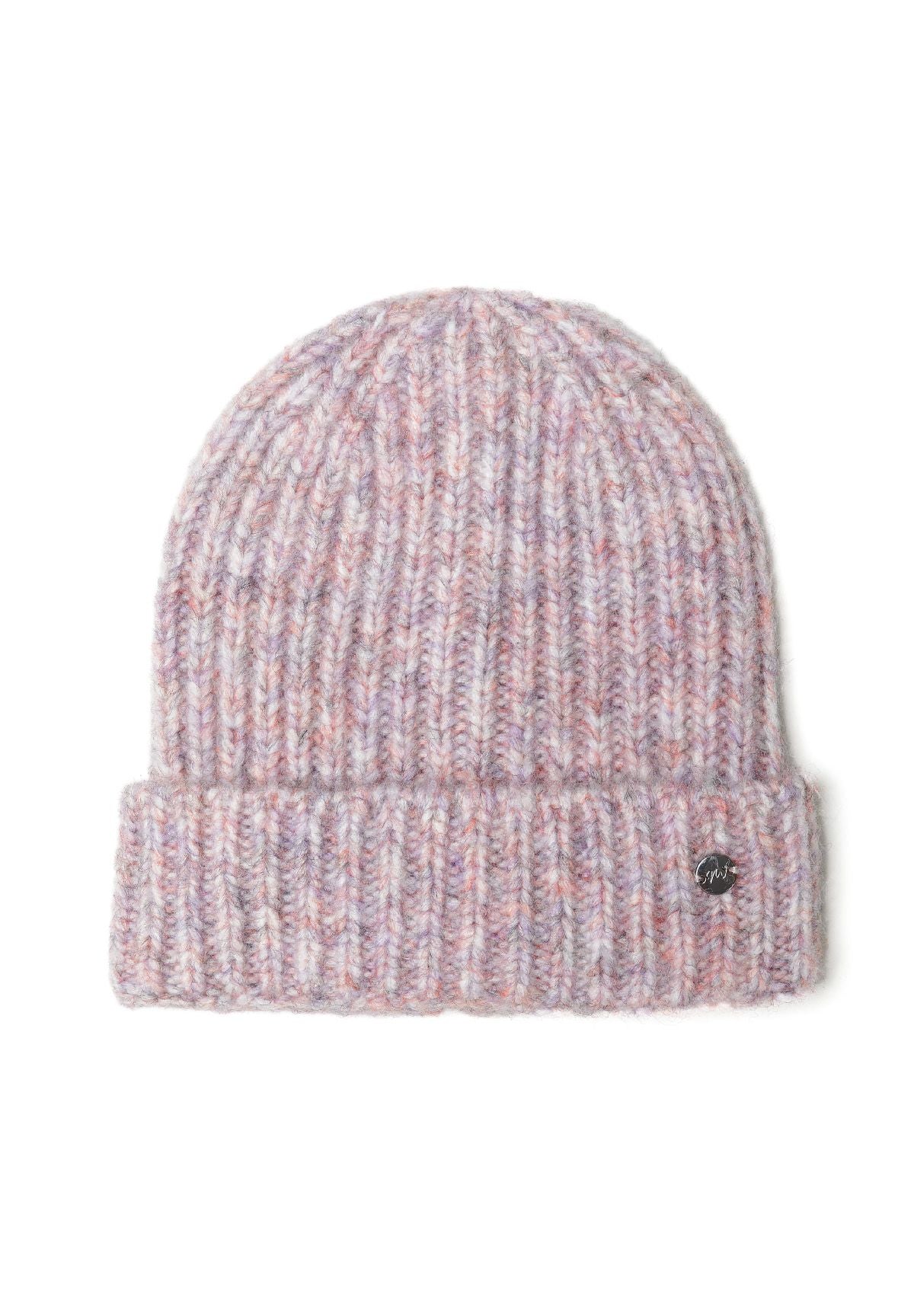 Knitted yarn hat in light pink with multicolour accents, front view, features a small metal badge.