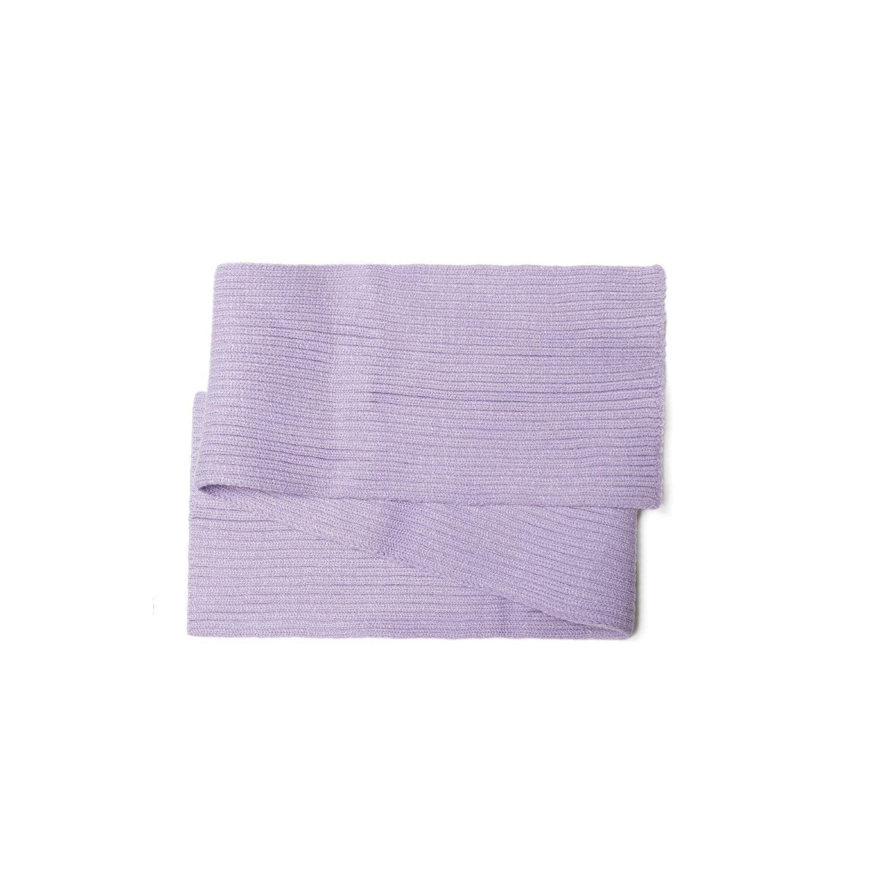 Close-up texture detail of lilac ribbed knit scarf showing vertical ribbed pattern and soft knit construction