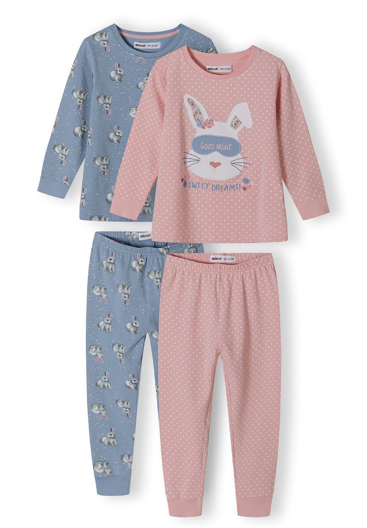 Pink and blue long pyjamas, two sets front.