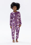 Girls long sleeve pyjama set in purple with unicorn print, featuring ribbed cuffs.