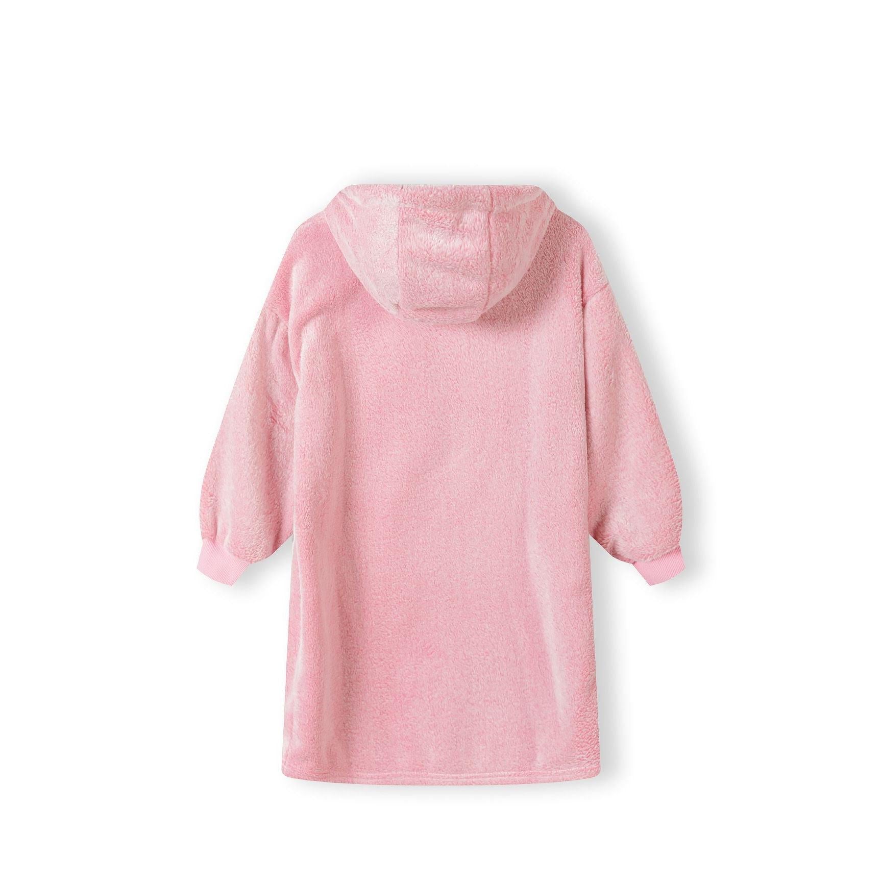 Back view of pink teddy fleece hoodie laid flat showing oversized fit and hood detail on white background