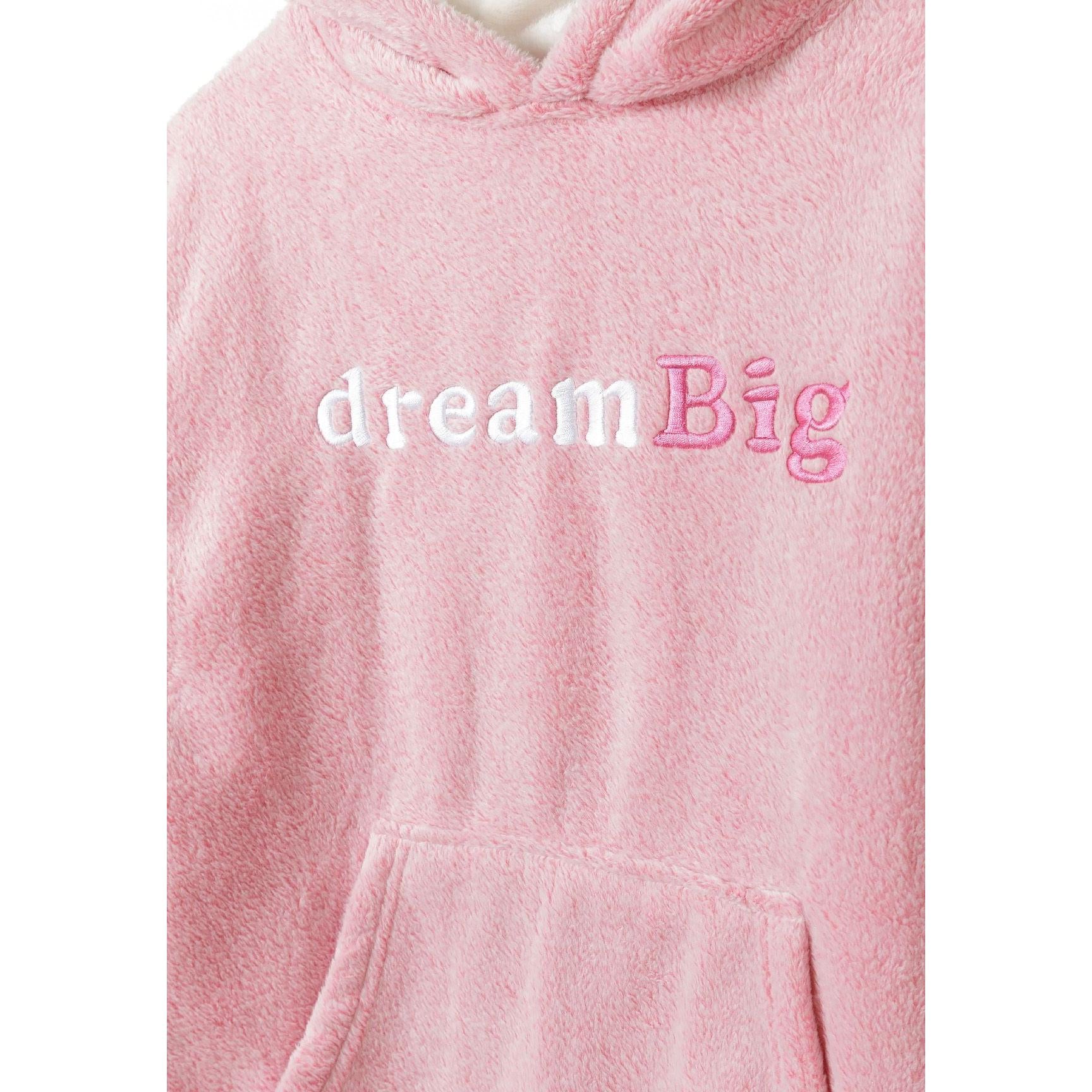 Close-up detail of pink teddy fleece fabric texture showing 'dream Big' embroidered text and front kangaroo pocket