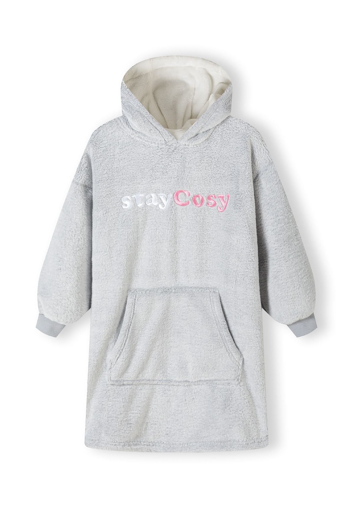 Grey hooded blanket sweatshirt, front.