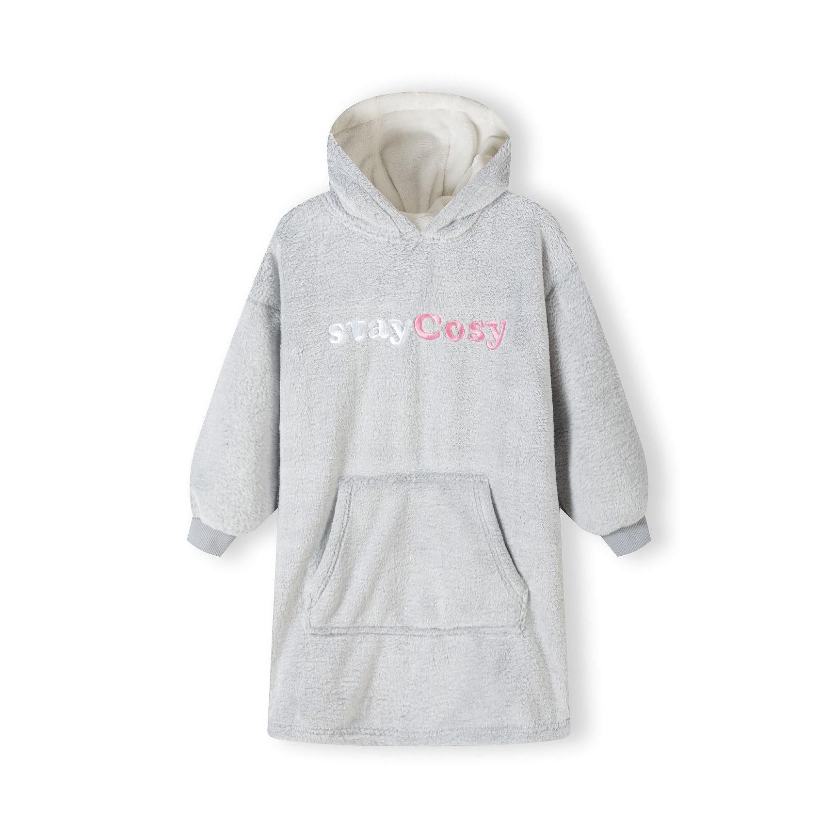 Back view of grey teddy fleece hoodie dress showing hood detail and overall silhouette on white background