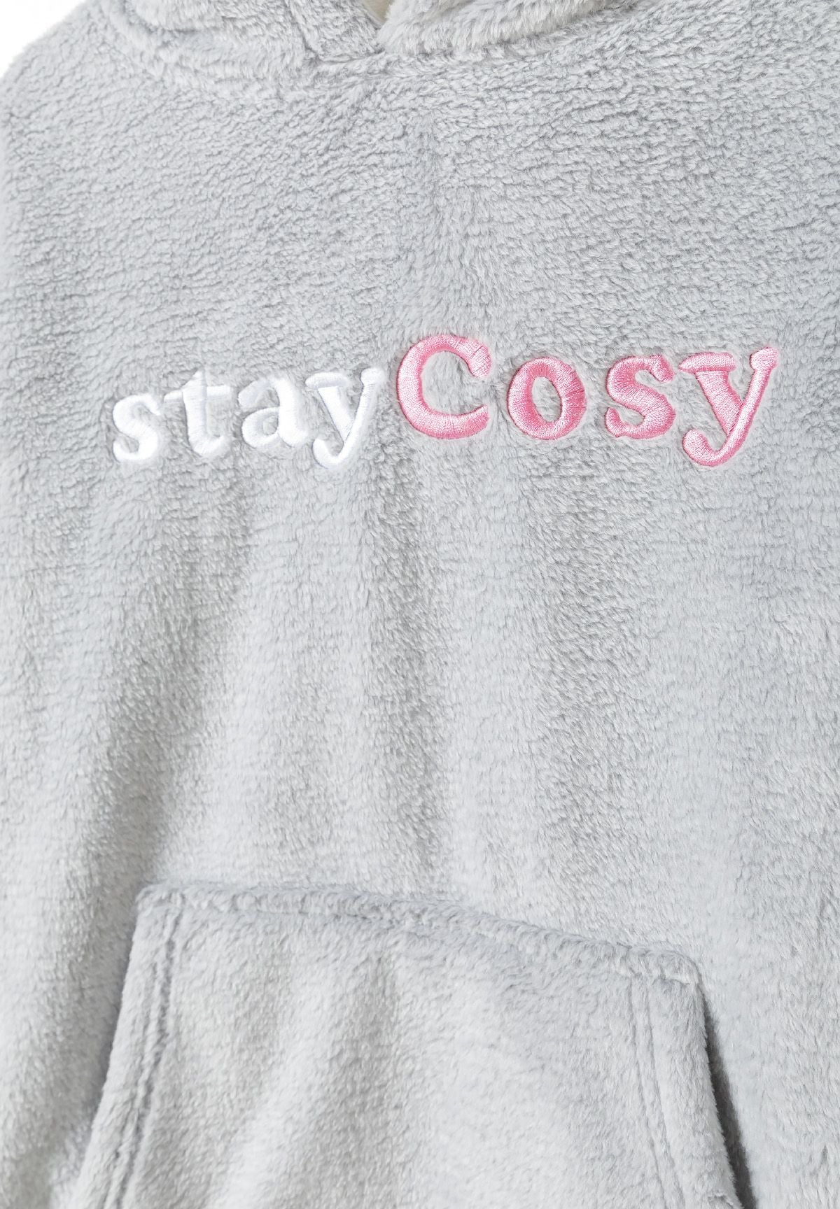Grey hooded blanket sweatshirt, lettering and pocket detail.