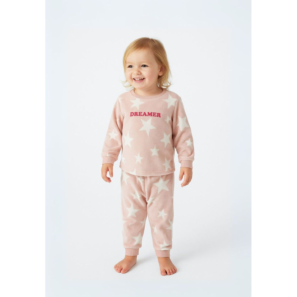 Girls' fleece pyjamas in pink and white — complete product view for square Shop card