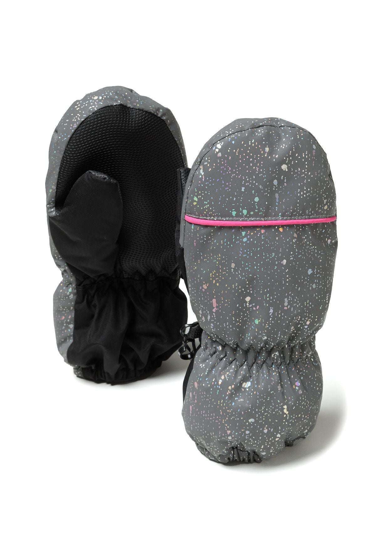 Girls ski mitts in gray with colorful speckles, back view showing secure closure and elastic cuff.