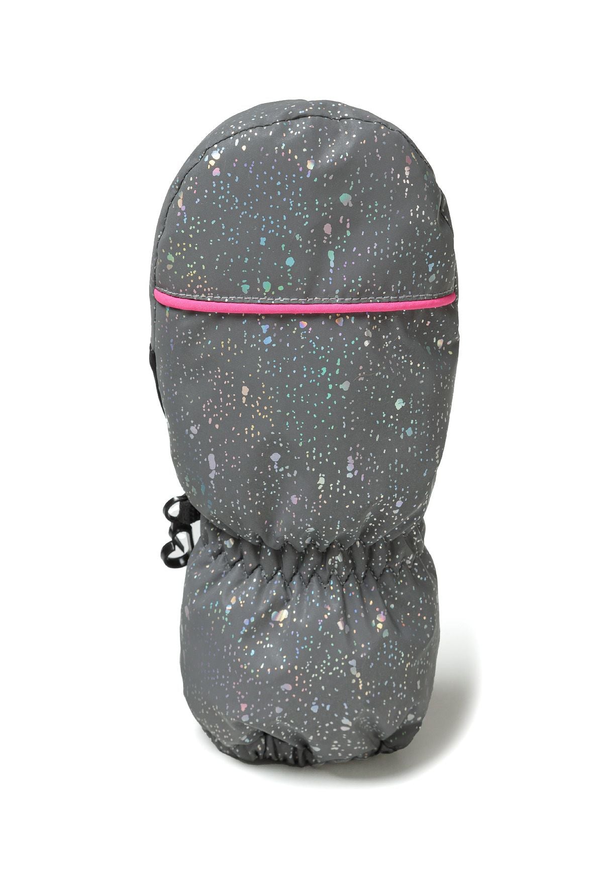 Girls ski mitts in silver with colorful speckles, back view, featuring elastic cuff.