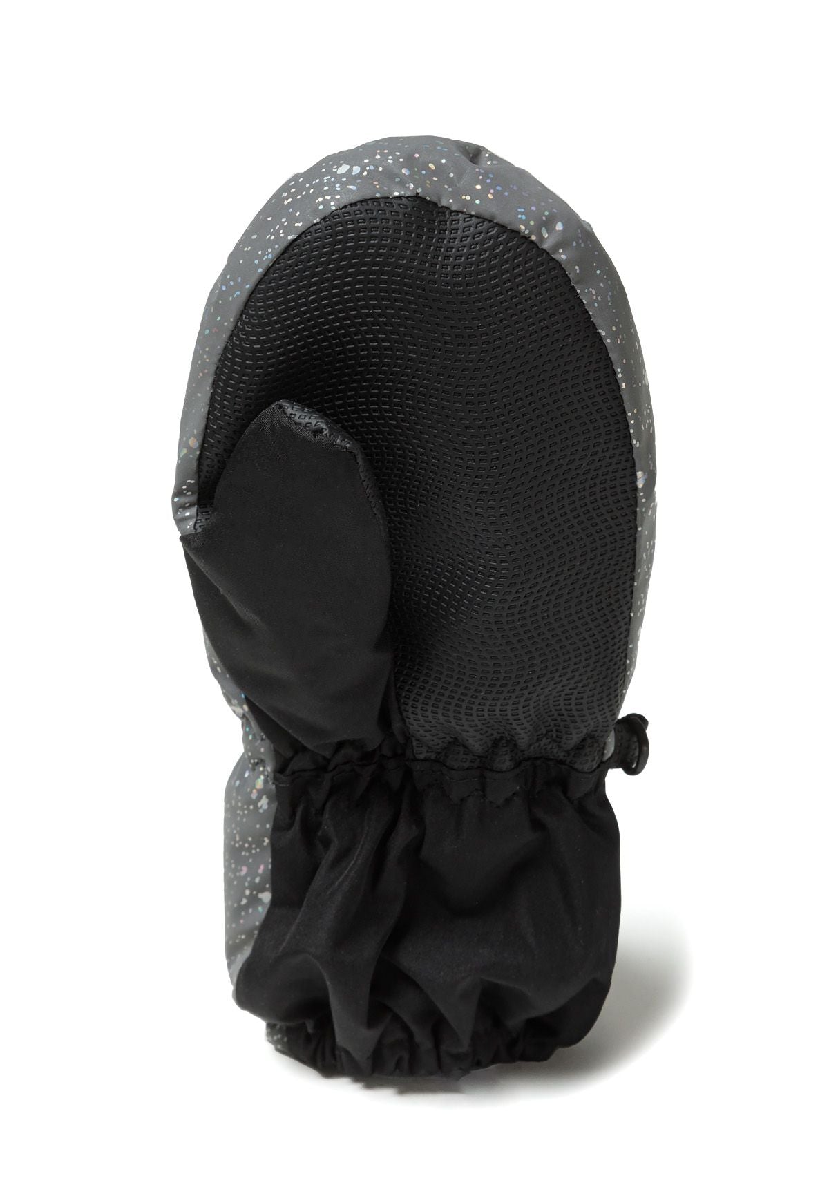 Close-up of girls' waterproof ski mitts in silver with elastic cuff and textured palm.
