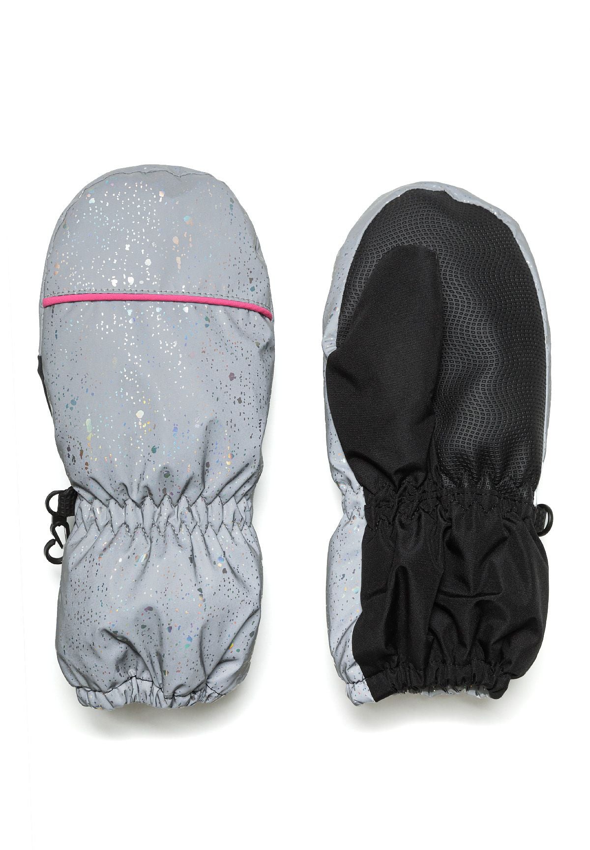 Girls ski mitts in silver with contrast black detailing, front view.