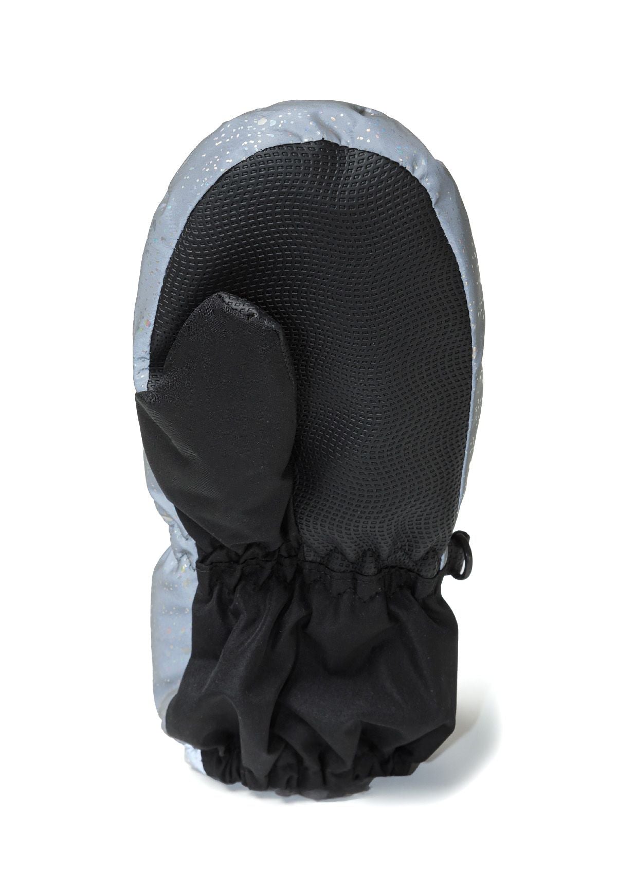 Close-up of silver waterproof ski mitts for girls, featuring a black palm and elastic cuff.