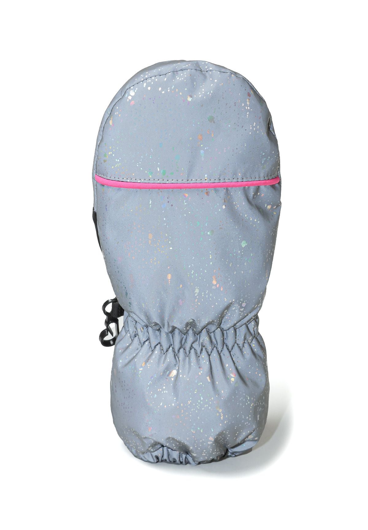 Girls ski mitts in silver with pink piping, front view, featuring elastic closure.