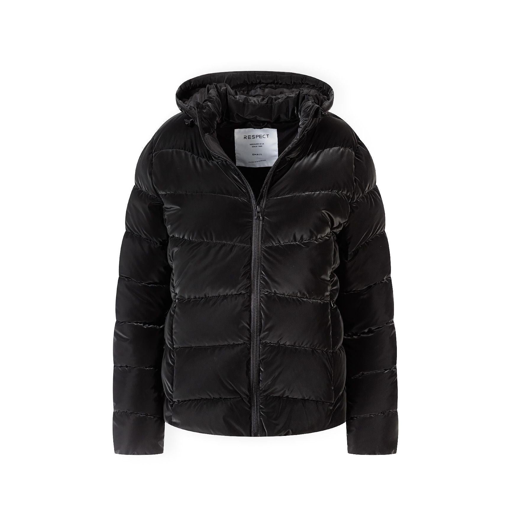 Black padded jacket open showing RESPECT label inside and hood detail