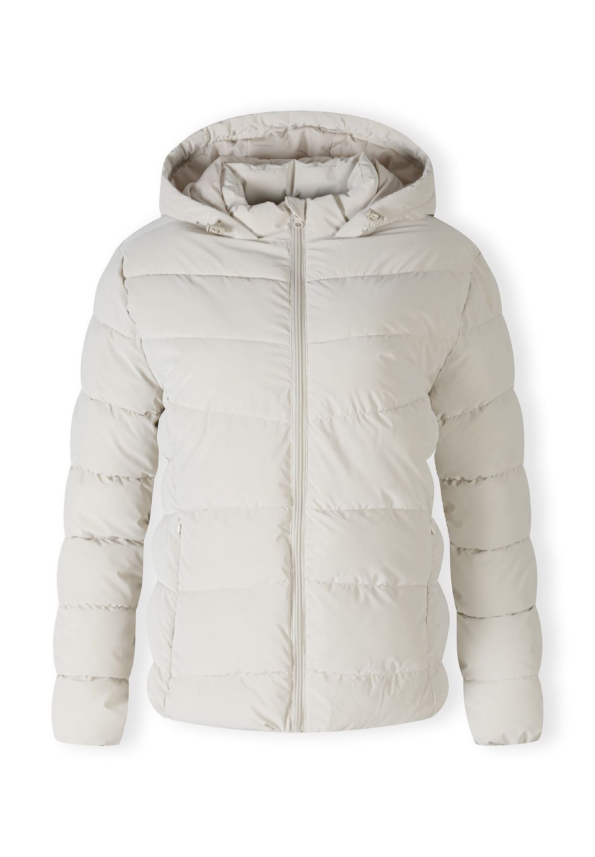 Front of a cream puffer jacket.