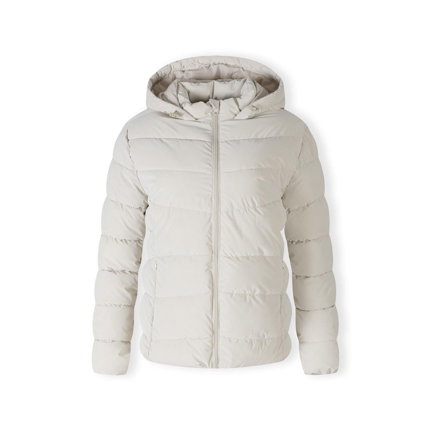 Front view of cream velvet-feel padded jacket with hood and zip fastening on white background