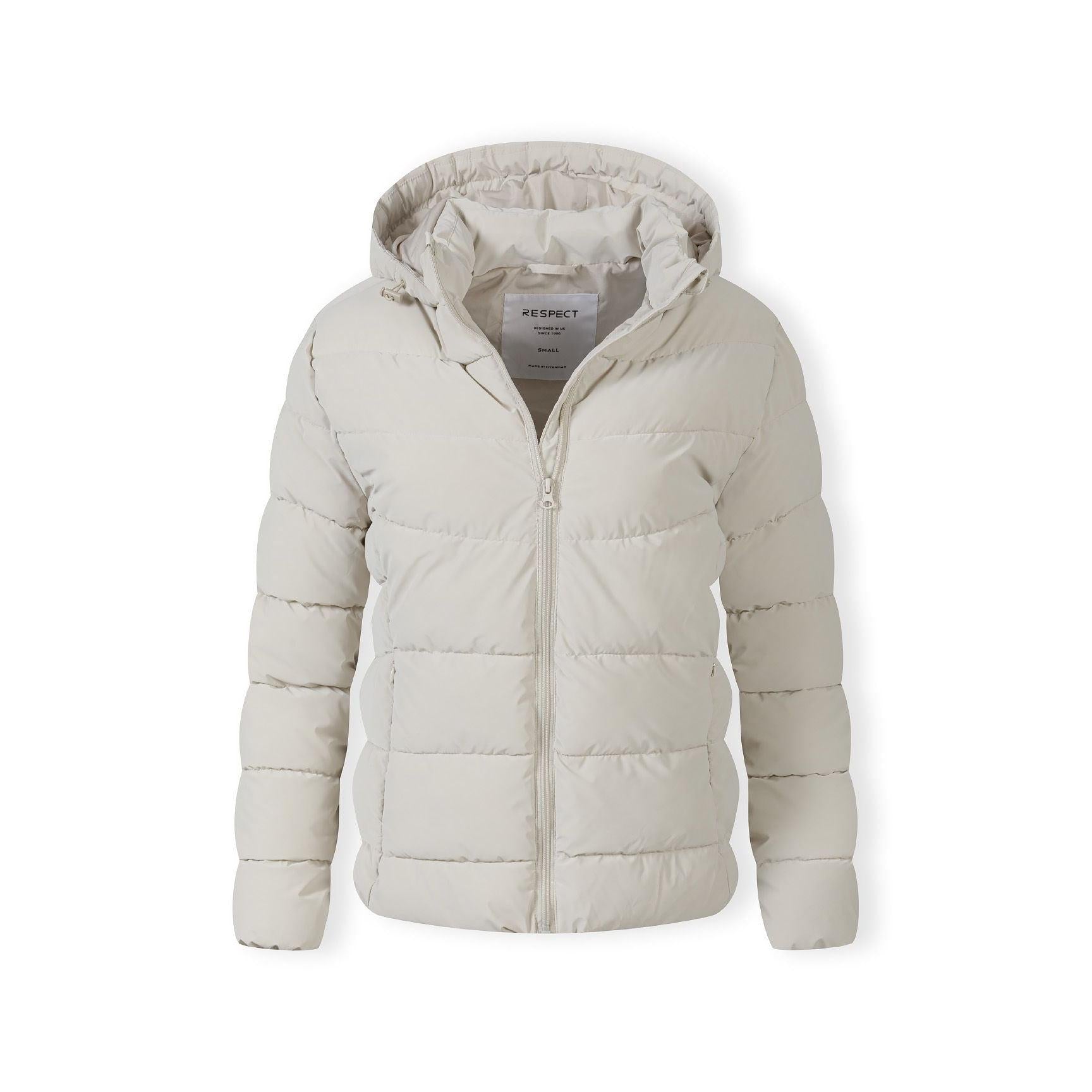 Front view of cream padded jacket showing Respect brand label inside collar area