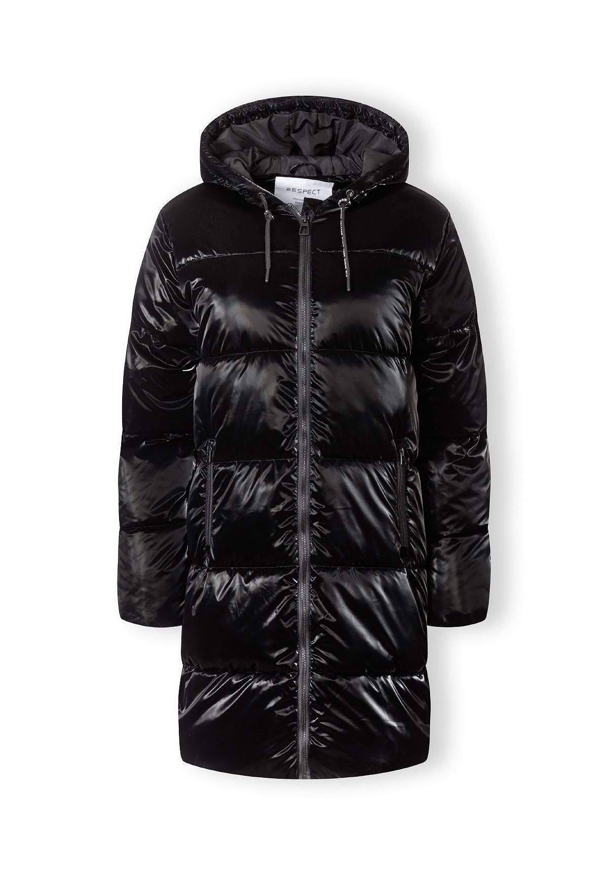 Black midi length puffer jacket with hood, zip front, and two pockets.