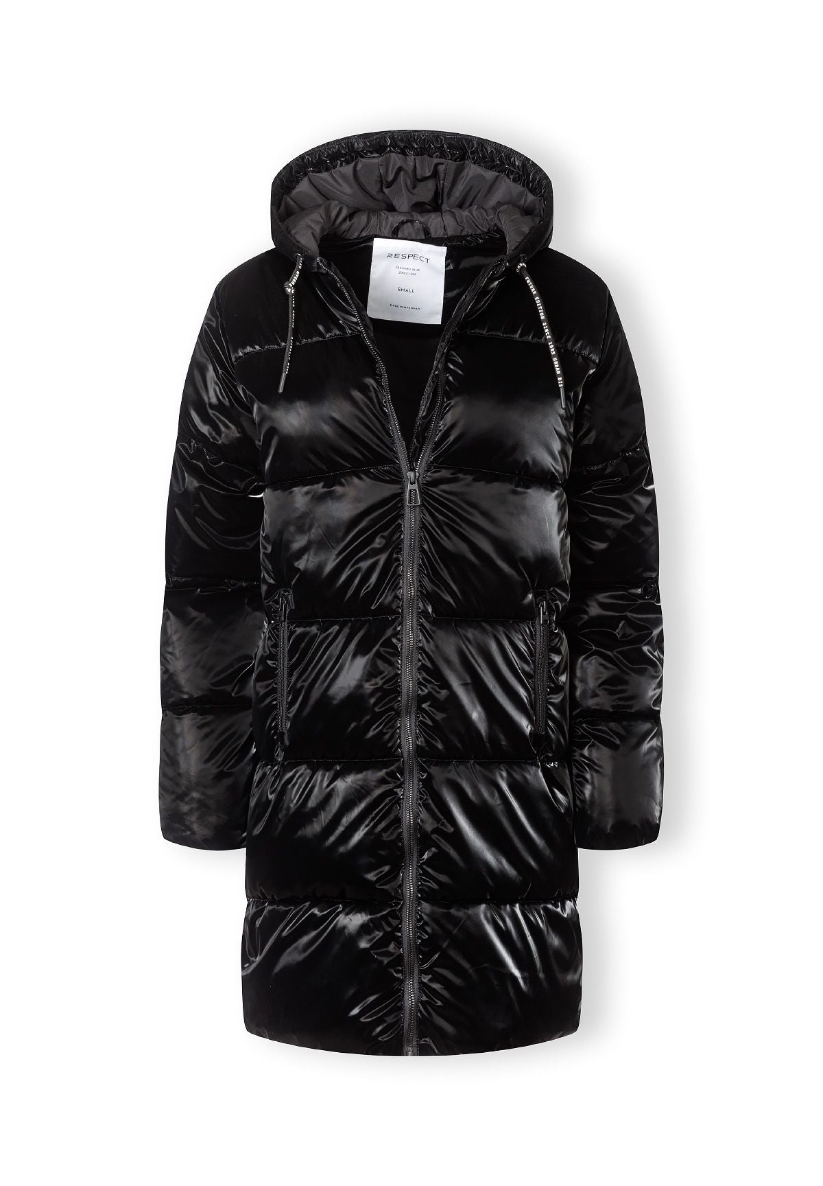 The black long puffer coat shown open to reveal the inside.