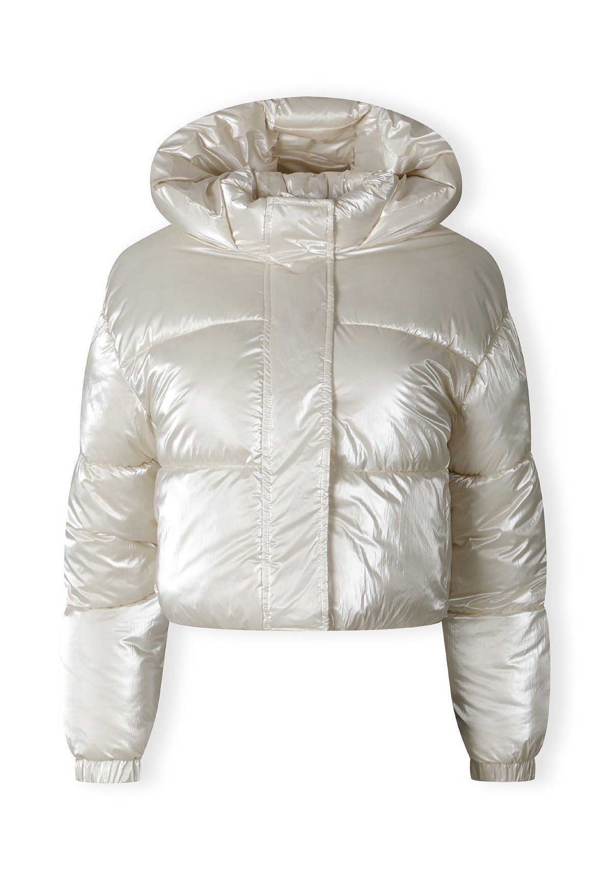 Front of a cream cropped puffer jacket.