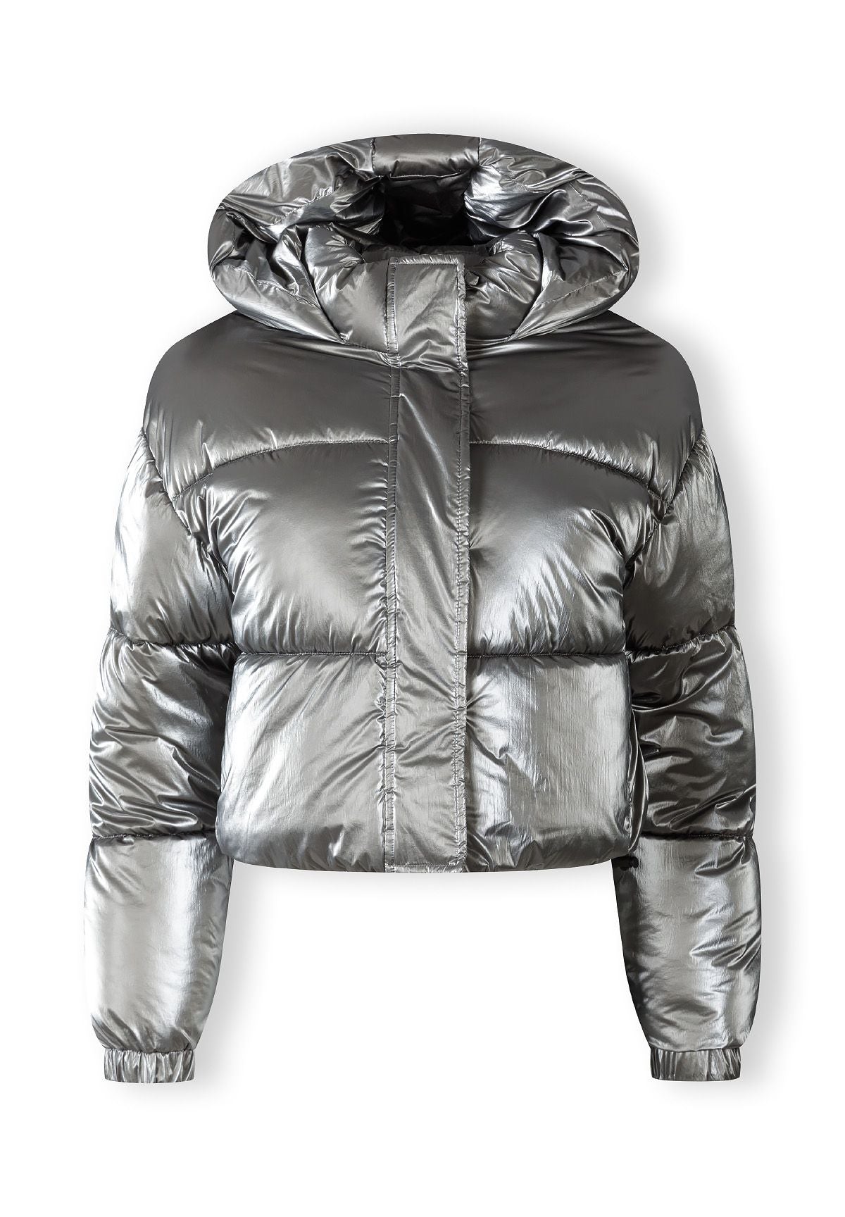 Front of a silver cropped puffer jacket.