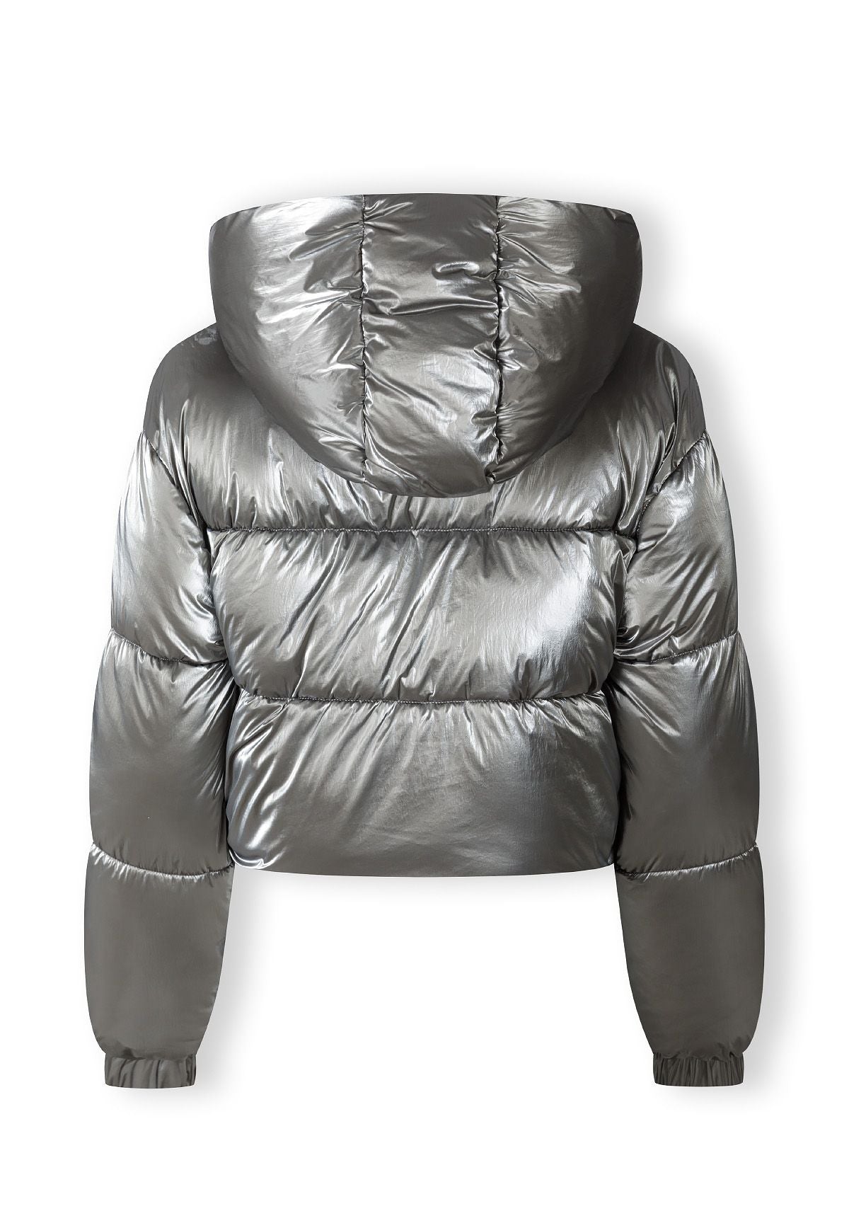 Back of a silver cropped puffer jacket.