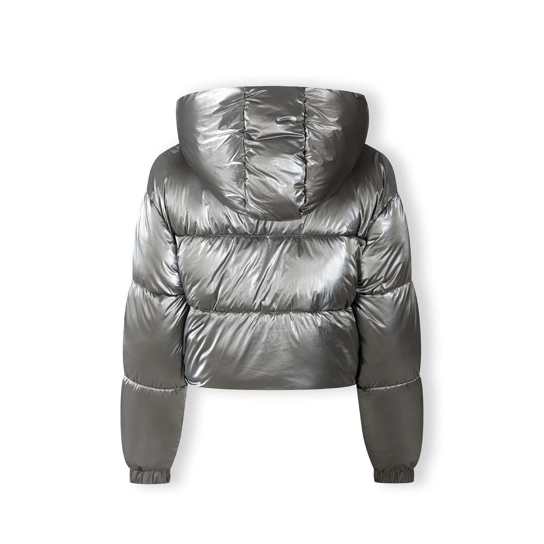 Front view of metallic silver padded jacket showing zip closure and hood detail on white background