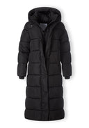 Długa pikowana kurtka zimowa z kapturem i kieszeniami na suwak