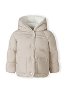 Unisex grey padded jacket with faux fur trim