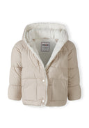 Unisex grey padded jacket with faux fur trim